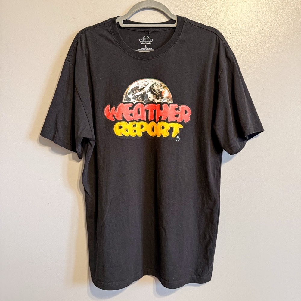Weather Report Graphic T Shirt Black Planet Logo Streetwear Mens Large